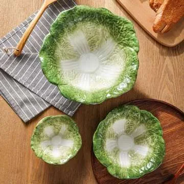 KXZ Green Cabbage Serving Bowl Set of 3 for Kitchen - Extra Large 60oz, 16oz, 5oz Nesting Mixing Bowls, Porcelain Dishes for Salad, Entertaining, Fruit, Vintage, Decorative, Ceramic Pho Soup Tureen