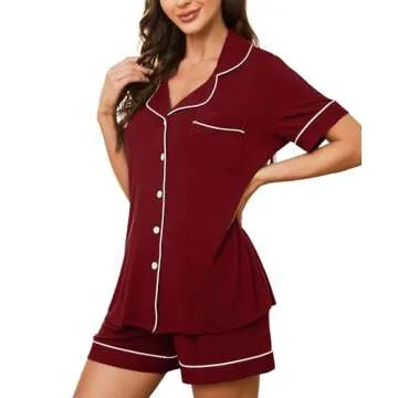 HNG Short Sleeve Pajama Set For Women Sets 2 Piece Outfits Sleepwear For Women Wine Red,M