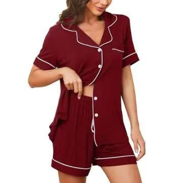 HNG Short Sleeve Pajama Set For Women Sets 2 Piece Outfits Sleepwear For Women Wine Red,M