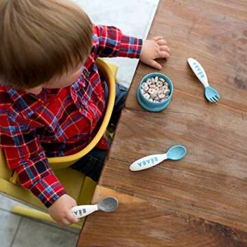 BEABA Toddler Self Feeding Cutlery, Round Soft Tip Design, Toddler Utensils, Baby Fork and Baby Spoon, Set of 10, (Breeze)