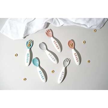 BEABA Toddler Self Feeding Cutlery, Round Soft Tip Design, Toddler Utensils, Baby Fork and Baby Spoon, Set of 10, (Breeze)