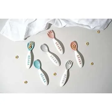 BEABA Toddler Self Feeding Cutlery, Round Soft Tip Design, Toddler Utensils, Baby Fork and Baby Spoon, Set of 10, (Breeze)