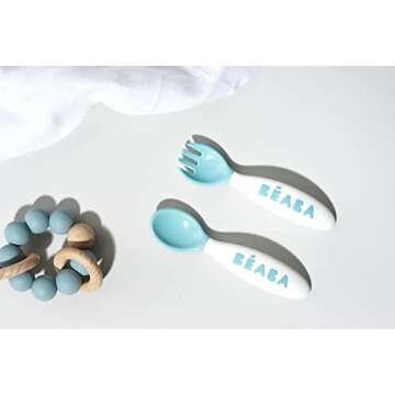 BEABA Toddler Self Feeding Cutlery, Round Soft Tip Design, Toddler Utensils, Baby Fork and Baby Spoon, Set of 10, (Breeze)