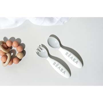 BEABA Toddler Self Feeding Cutlery, Round Soft Tip Design, Toddler Utensils, Baby Fork and Baby Spoon, Set of 10, (Breeze)