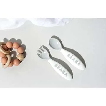 BEABA Toddler Self Feeding Cutlery, Round Soft Tip Design, Toddler Utensils, Baby Fork and Baby Spoon, Set of 10, (Breeze)