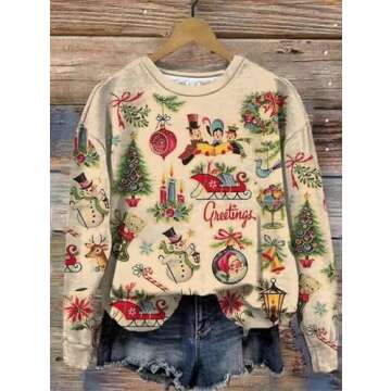 AIMITAG Merry Christmas Sweatshirt Womens Vintage Christmas Santa Claus Graphic Print Pullover Winter Xmas Holiday Tops(XX-Large,Apricot1)