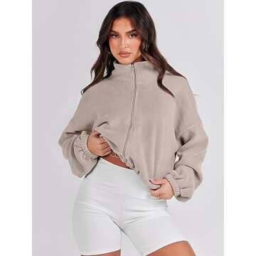 ANRABESS Women's Sweatshirts Full Zip Up Bomber Jacket Oversized Fleece Crop Sherpa Coat Long Sleeve High Neck Teddy Winter Pullover Active Sport Tops Outwear 1097 L, Khaki