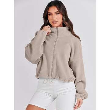 ANRABESS Women's Sweatshirts Full Zip Up Bomber Jacket Oversized Fleece Crop Sherpa Coat Long Sleeve High Neck Teddy Winter Pullover Active Sport Tops Outwear 1097 L, Khaki