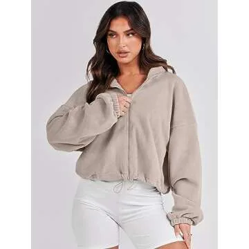ANRABESS Women's Sweatshirts Full Zip Up Bomber Jacket Oversized Fleece Crop Sherpa Coat Long Sleeve High Neck Teddy Winter Pullover Active Sport Tops Outwear 1097 L, Khaki