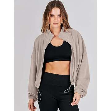 ANRABESS Women's Sweatshirts Full Zip Up Bomber Jacket Oversized Fleece Crop Sherpa Coat Long Sleeve High Neck Teddy Winter Pullover Active Sport Tops Outwear 1097 L, Khaki