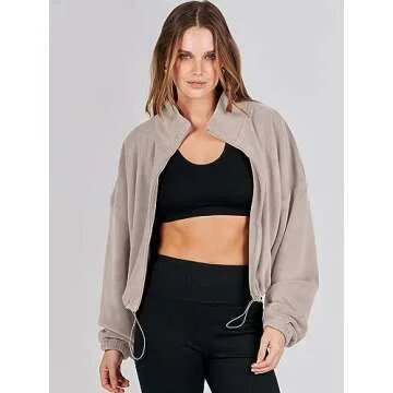 ANRABESS Women's Sweatshirts Full Zip Up Bomber Jacket Oversized Fleece Crop Sherpa Coat Long Sleeve High Neck Teddy Winter Pullover Active Sport Tops Outwear 1097 L, Khaki