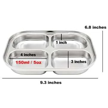 Korean Stainless Steel Divided Plates by KS&E, Little Kids Toddlers Babies Tray, BPA Free, Diet Food Control, Compact Serving Platter, Dinner Snack, 4 Compartment Plate Silver, Set of 2
