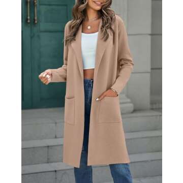 MEROKEETY Women's Open Front Coatigan Sweater Long Sleeve Casual Knit Lapel Cardigan Coat with Pockets, Khaki, X-Large