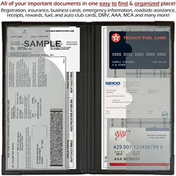 Auto Insurance and Registration Card Holder - Vehicle Glove Box Document Organizer - Car Essential Paperwork Holder for DMV, AAA, Contact Information Cards - Premium PU Leather Wallet Case - Black