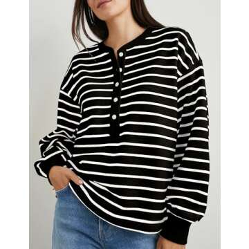 Tujahao Women's Striped Oversized Sweatshirt Half Button Pullover Tops Long Sleeve Shirts Loose Drop Shoulder Preppy Clothes(Black-M)