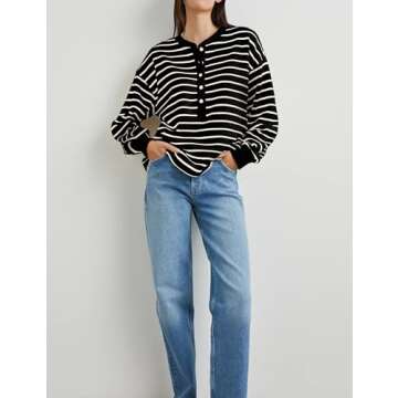 Tujahao Women's Striped Oversized Sweatshirt Half Button Pullover Tops Long Sleeve Shirts Loose Drop Shoulder Preppy Clothes(Black-M)