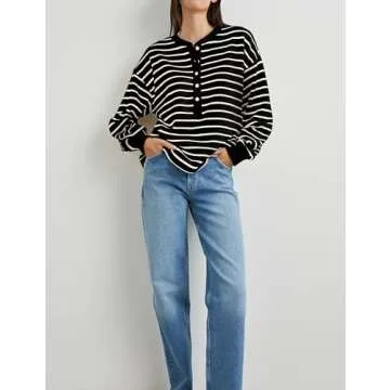 Tujahao Women's Striped Oversized Sweatshirt Half Button Pullover Tops Long Sleeve Shirts Loose Drop Shoulder Preppy Clothes(Black-M)