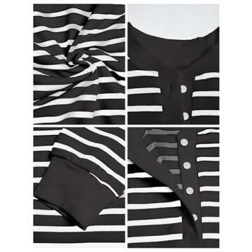 Tujahao Women's Striped Oversized Sweatshirt Half Button Pullover Tops Long Sleeve Shirts Loose Drop Shoulder Preppy Clothes(Black-M)