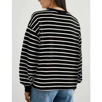 Tujahao Women's Striped Oversized Sweatshirt Half Button Pullover Tops Long Sleeve Shirts Loose Drop Shoulder Preppy Clothes(Black-M)