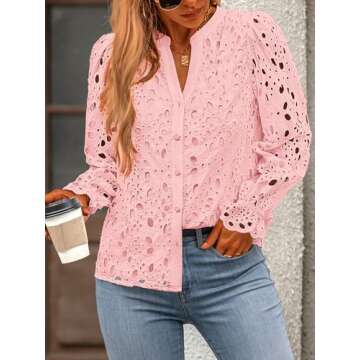 MASCOMODA Womens Tops Dressy Casual Fall Puff Long Sleeve Eyelet Button Shirts V Neck Lace Embroidered Hollow Out Work Blouse(Light Pink,Medium)