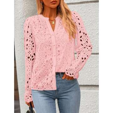 MASCOMODA Womens Tops Dressy Casual Fall Puff Long Sleeve Eyelet Button Shirts V Neck Lace Embroidered Hollow Out Work Blouse(Light Pink,Medium)