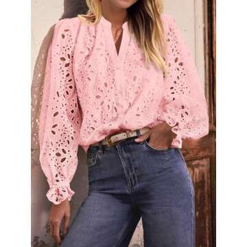 MASCOMODA Womens Tops Dressy Casual Fall Puff Long Sleeve Eyelet Button Shirts V Neck Lace Embroidered Hollow Out Work Blouse(Light Pink,Medium)
