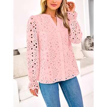 MASCOMODA Womens Tops Dressy Casual Fall Puff Long Sleeve Eyelet Button Shirts V Neck Lace Embroidered Hollow Out Work Blouse(Light Pink,Medium)