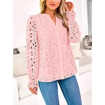 MASCOMODA Womens Tops Dressy Casual Fall Puff Long Sleeve Eyelet Button Shirts V Neck Lace Embroidered Hollow Out Work Blouse(Light Pink,Medium)