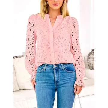 MASCOMODA Womens Tops Dressy Casual Fall Puff Long Sleeve Eyelet Button Shirts V Neck Lace Embroidered Hollow Out Work Blouse(Light Pink,Medium)