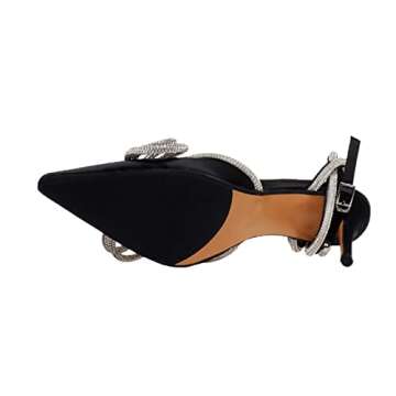 Arqa Women's Rhinestone Bow Heels Ankle Strap Slingback Pumps Satin Wedding Stiletto Dress High Heel Sandals Black Size 7
