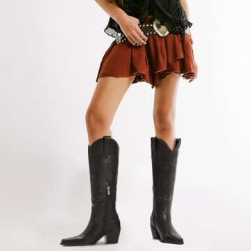 Platikly Black Cowboy Boots for Women - Embroidered Western Cowgirl Boots, Wide Calf Knee High Tall Footwear, Almond Pointed Toe Chunky Heel Pull On Zipper Retro Country Style US 7.5