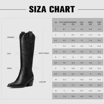 Platikly Black Cowboy Boots for Women - Embroidered Western Cowgirl Boots, Wide Calf Knee High Tall Footwear, Almond Pointed Toe Chunky Heel Pull On Zipper Retro Country Style US 7.5