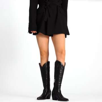 Platikly Black Cowboy Boots for Women - Embroidered Western Cowgirl Boots, Wide Calf Knee High Tall Footwear, Almond Pointed Toe Chunky Heel Pull On Zipper Retro Country Style US 7.5