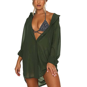 Women's Swimsuit Beach Cover Up Loose V-Neck Button Down Bikini Bathing Suit Army Green L