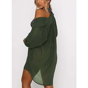 Women's Swimsuit Beach Cover Up Loose V-Neck Button Down Bikini Bathing Suit Army Green L