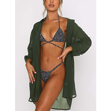 Women's Swimsuit Beach Cover Up Loose V-Neck Button Down Bikini Bathing Suit Army Green L