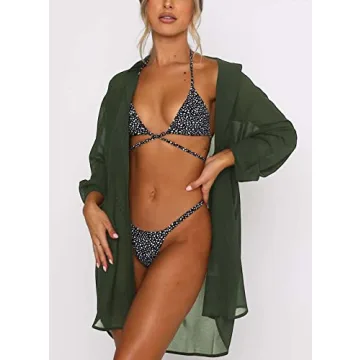 Women's Swimsuit Beach Cover Up Loose V-Neck Button Down Bikini Bathing Suit Army Green L