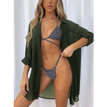 Women's Swimsuit Beach Cover Up Loose V-Neck Button Down Bikini Bathing Suit Army Green L