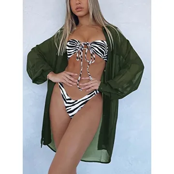 Women's Swimsuit Beach Cover Up Loose V-Neck Button Down Bikini Bathing Suit Army Green L