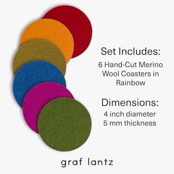 Graf Lantz - Bierfilzl Felt Coasters - Round - 100% Merino Wool - Moisture Wicking - Heat Resistant - Sustainable - Home Decor - Bar Decor - Housewarming Gift - 6 Coaster Set - 4" Circles - Rainbow