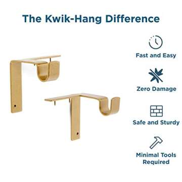 Kwik-Hang Single Curtain Rod Brackets – No Drill, No Damage – Perfect Curtains Every Time – 1” Gold