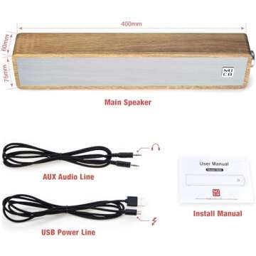 MICA Computer Speakers, Wired Computer Sound Bar, Wooden Mini Soundbar, USB Powered PC Speakers 3.5mm AUX & PC Input (Yellow)
