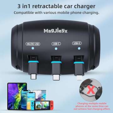 Multi Retractable Car Charging Station Box: 3 in 1 Fast Charger for Rideshare Drivers