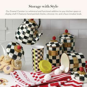 MACKENZIE-CHILDS Large Enamel Canister, Kitchen Storage Container for Flour and Sugar, 1.89 Liters, Black-and-White Courtly Check