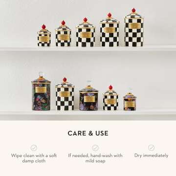 MACKENZIE-CHILDS Large Enamel Canister, Kitchen Storage Container for Flour and Sugar, 1.89 Liters, Black-and-White Courtly Check