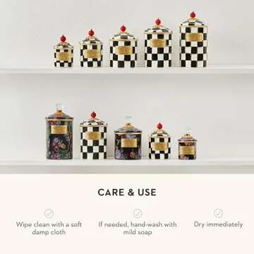 MACKENZIE-CHILDS Large Enamel Canister, Kitchen Storage Container for Flour and Sugar, 1.89 Liters, Black-and-White Courtly Check