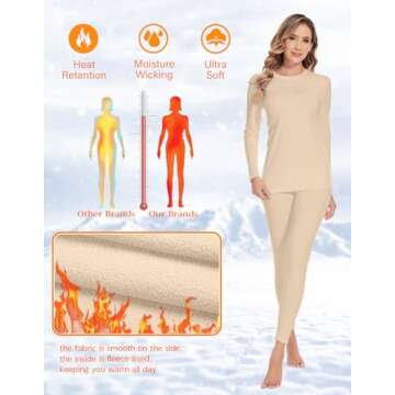 YADIFEN Women Thermal Underwear Set,Long Johns for Women Base Layer with Fleece Lined Long Underwear Top Bottom Cold Weather Nude