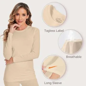 YADIFEN Women Thermal Underwear Set,Long Johns for Women Base Layer with Fleece Lined Long Underwear Top Bottom Cold Weather Nude