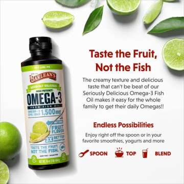 Barlean's Key Lime Pie High Potency Omega 3 Fish Oil Liquid Supplement, 1500mg of EPA & DHA Fatty Acid, Smoothie Flavored & Burpless for Brain, Joint, & Heart Health, 16 oz