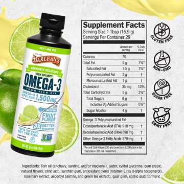 Barlean's Key Lime Pie High Potency Omega 3 Fish Oil Liquid Supplement, 1500mg of EPA & DHA Fatty Acid, Smoothie Flavored & Burpless for Brain, Joint, & Heart Health, 16 oz